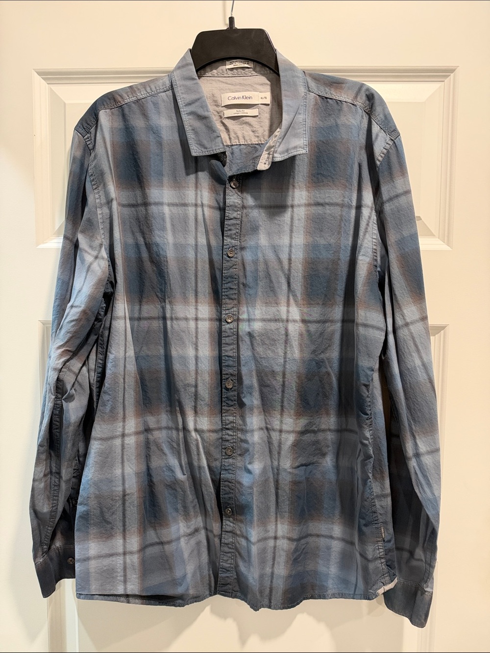 Calvin Klein Men's Light and Dark Blue Plaid Button-Down Shirt